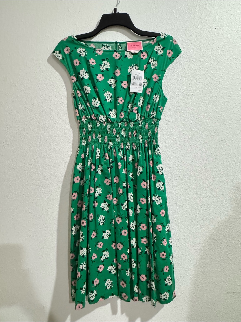 kate spade Green Floral Smocked-Waist Cap Sleeve Dress